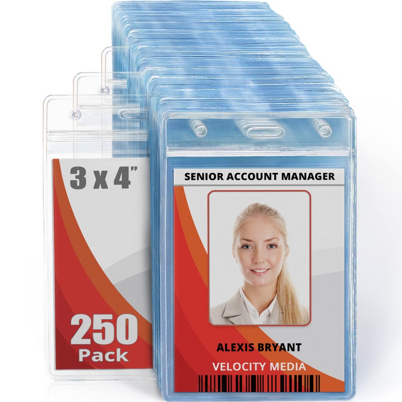 Mifflin-USA Large (L) Vertical ID Badge Holders (Clear, 3x4 inch, 250 Pack), Plastic Nametag Covers with Zipper, Name Tag Holder - Image 1